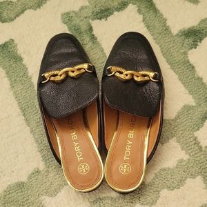 Tory Burch Black and Gold Flats with Chain Detail